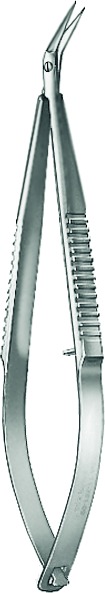 Micro spring scissors, pointed, pointed, angled, length 9.5 cm