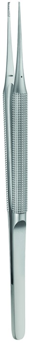 Micro forceps, straight, 1 x 2 teeth, width 0.4 mm, length 18 cm