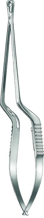 Applying forceps for mini clips, bayonet-shape, length 18.5 cm