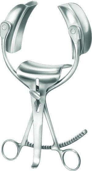 Abdominal retractor, acc. to Collin, complete, with 1 pair of lateral blades ref. 15-839-38-07 (38 x 60 mm) and central blade ref. 15-823-90-98 (38 x 55 mm), spreading width 100 mm, total length of abdominal retractor without blade 20 cm.