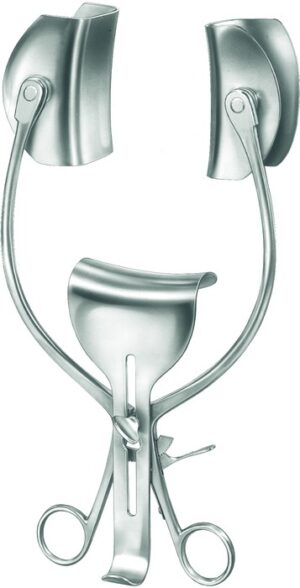 Abdominal retractor, acc. to Collin, complete, with 1 pair of lateral blades ref. 15-839-60-07 (60 x 80 mm) and central blade ref. 15-826-90-98 (60 x 75 mm), spreading width 140 mm, total length of abdominal retractor without blade 31 cm.