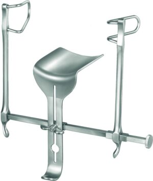 Abdominal retractor, acc. to Gosset, lateral veins 63 x 35 mm, 1 central vein 60 x 65 mm, spreading width 160 mm, length 16.5 cm