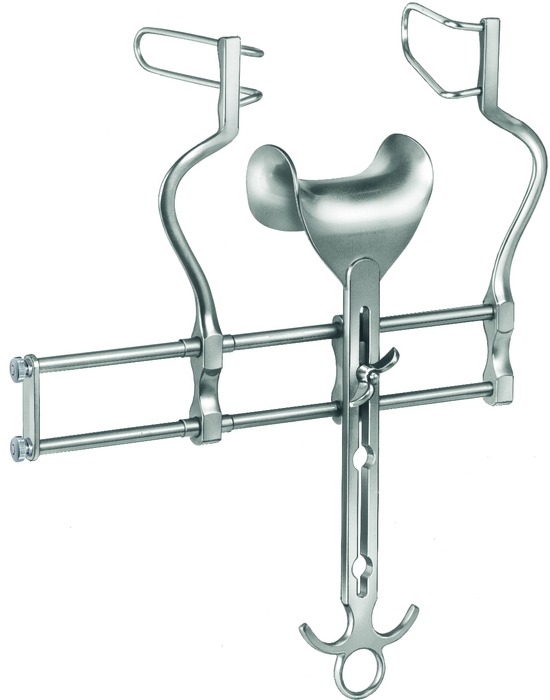 "Abdominal retractor, acc. to Balfour, complete, with 1 pair of lateral blades (70 x 35 mm) and central blade ref. 15-859-01-07 (45 x 80 mm), spreading width 160 mm, length 23 cm"