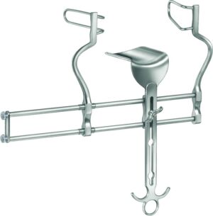 "Abdominal retractor, acc. to Balfour, wire blades, complete, with 1 pair of lateral blades (100 x 35 mm) and central blade ref. 15-856-91-98 (100 x 60 mm), spreading width 180 mm, length 24 cm"