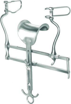 Abdominal retractor, acc. to Balfour, USA-type, complete, with 1 pair of lateral blades ref. 15-860-06-07 (60 x 30 mm), 15-860-08-07 (80 x 30 mm) and central blade ref. 15-859-02-07 (68 x 85 mm), spreading width 190 mm, length 25 cm
