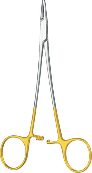 TC-Gold needle holder, acc. to Crile-Wood, straight, with push-through lock also suitable for left-handers, mini profile, thread size 4-0 - 6-0, length 15 cm