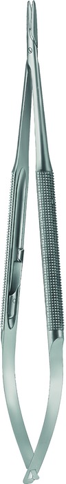 Microneedle holder, straight, with ratchet lock, safety-wave, diamond-coated, Ø 2 mm, thread size 2-0 - 4-0, length 21 cm