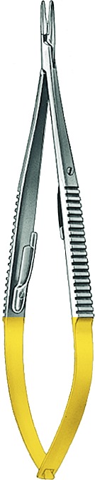TC-Gold micro needle holder, acc. to Castroviejo, straight, micro-profile, with ratchet lock, thread size 5-0 - 8-0, length 18 cm