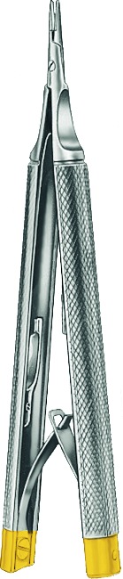 TC-Gold micro needle holder, acc. to Castroviejo, straight, smooth, with ratchet lock, thread size 6-0 - 12-0, length 12.5 cm