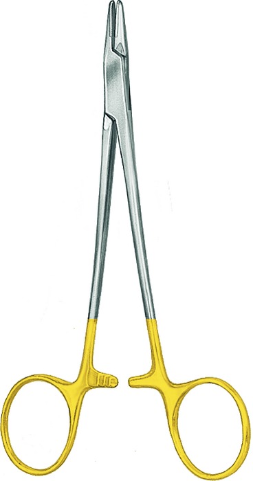 TC-Gold needle holder, acc. to Hegar-Baumgartner, straight, mini-profile, thread size 4-0 - 6-0, length 13 cm