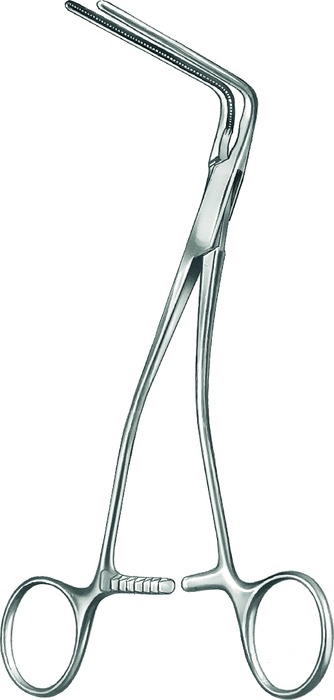 Multi purpose vascular clamp, Atrauma, acc. to DeBakey, angled, length 19 cm