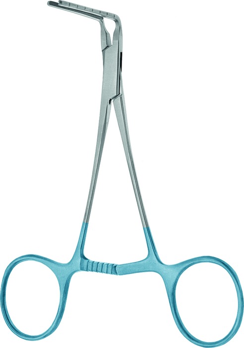 Pediatric vascular clamp, Atrauma, titanium, acc. to Cooley, 90° angled, length 11.5 cm