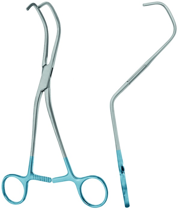 Anastomosis clamp, Atrauma, titanium, acc. to Lambert-Kay, double curved, length 19.5 cm